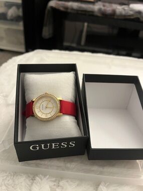 GUESS Gold Tone Watch with Red Strap and Crystal Accents